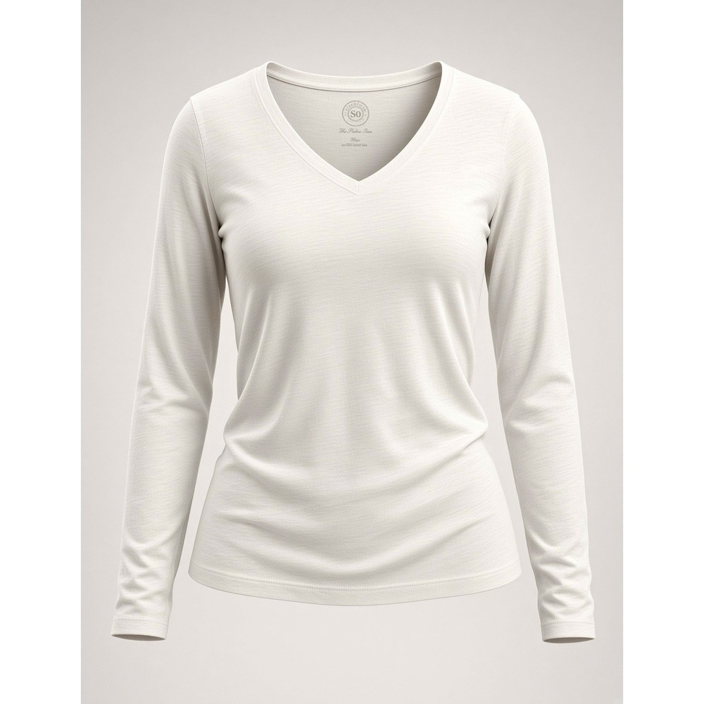 SO Women's L White Solid Knit V-Neck Long Sleeve Pullover T-Shirt Cotton Blend